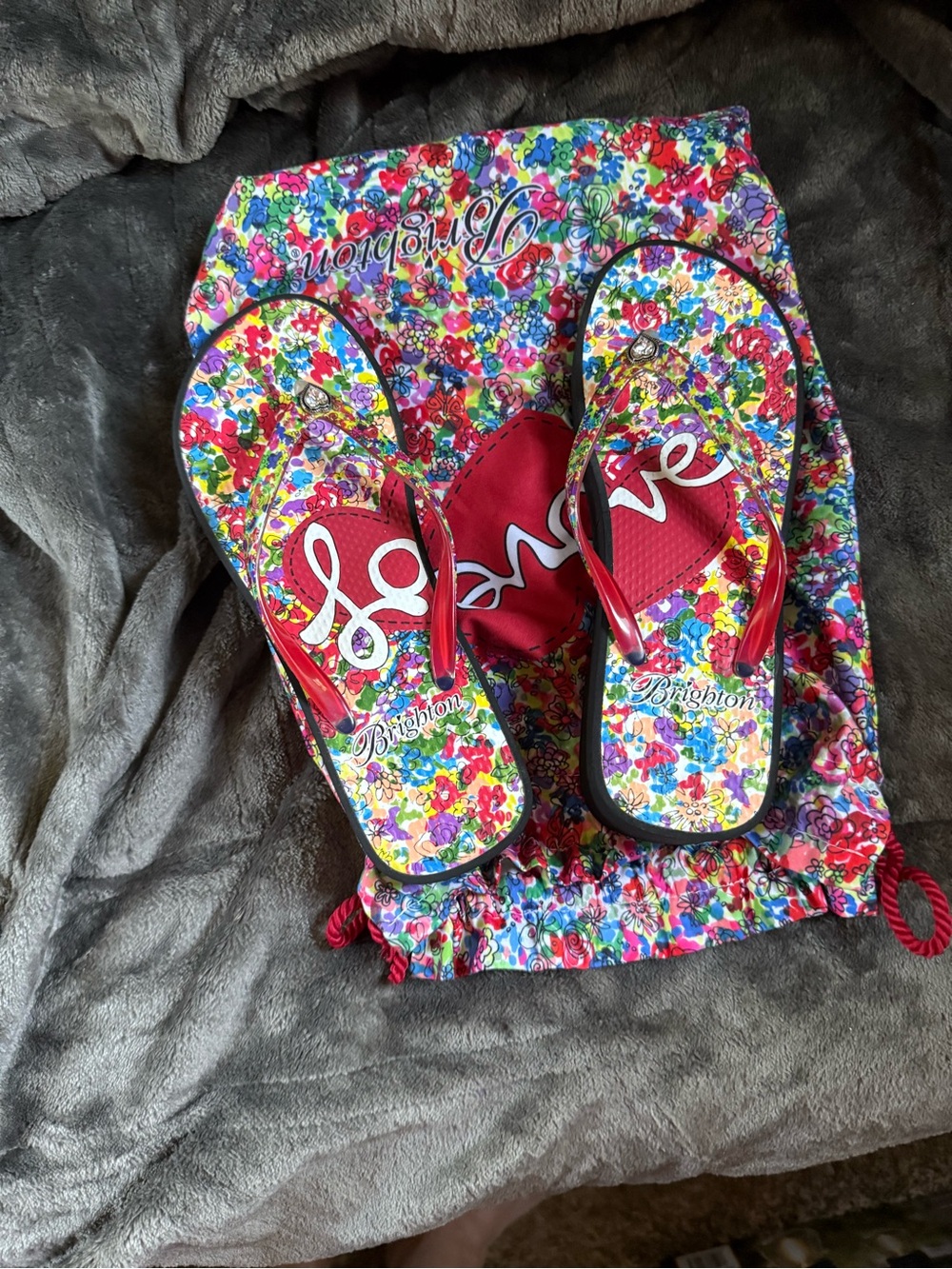 Brighton Multicolor Floral 'Love' platform Flip Flops with Red Accents